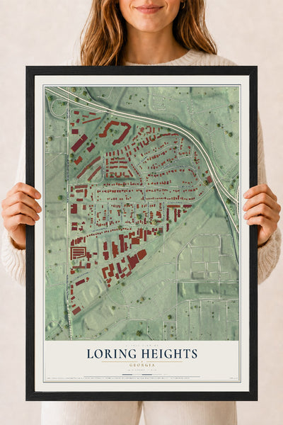 Loring Heights, Georgia map print, 18" x 24" W/ Black Ayous Wood Frame mockup