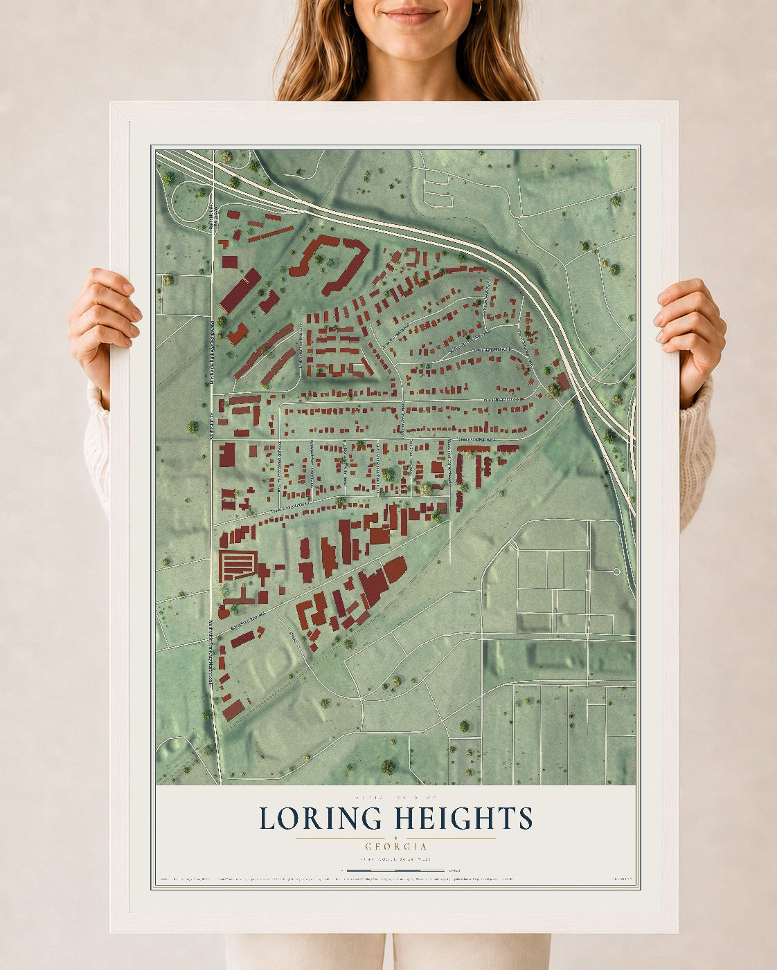 Loring Heights, Georgia map print, 24" x 36" W/ White Ayous Wood Frame mockup