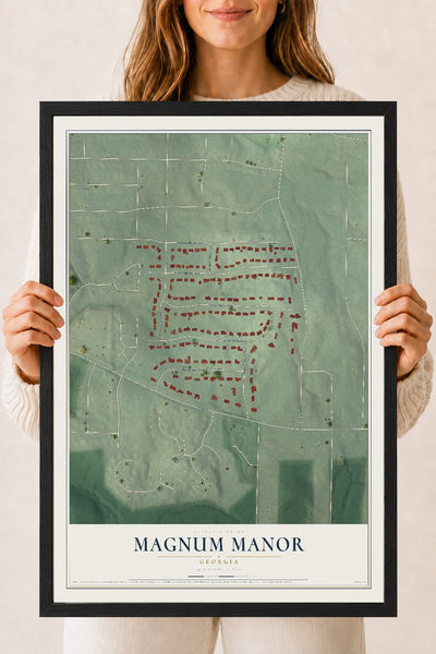 Magnum Manor, Georgia map print, 18" x 24" W/ Black Ayous Wood Frame mockup
