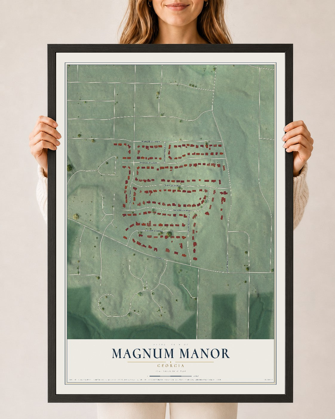 Magnum Manor, Georgia map print, 24" x 36" W/ Black Ayous Wood Frame mockup