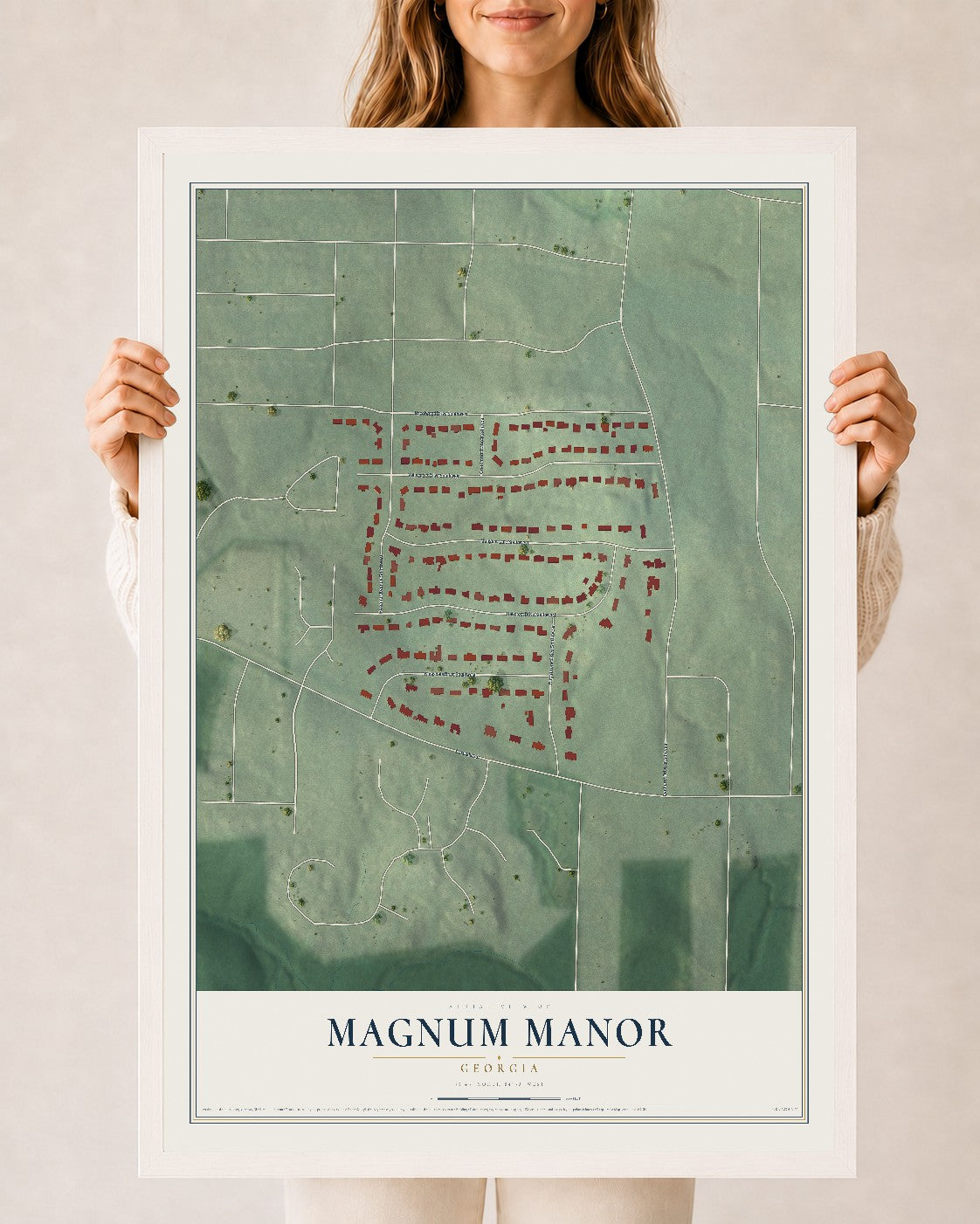 Magnum Manor, Georgia map print, 24" x 36" W/ White Ayous Wood Frame mockup