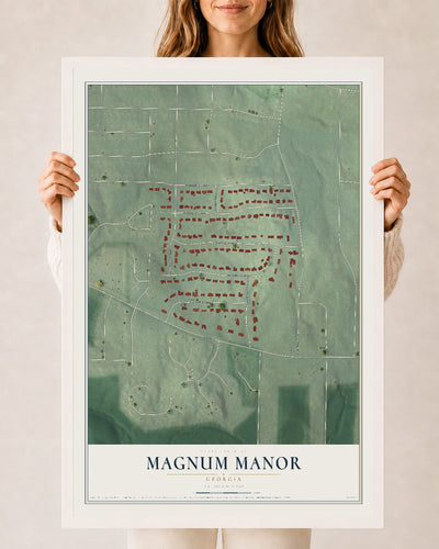 Magnum Manor, Georgia map print, 24" x 36" W/ White Ayous Wood Frame mockup