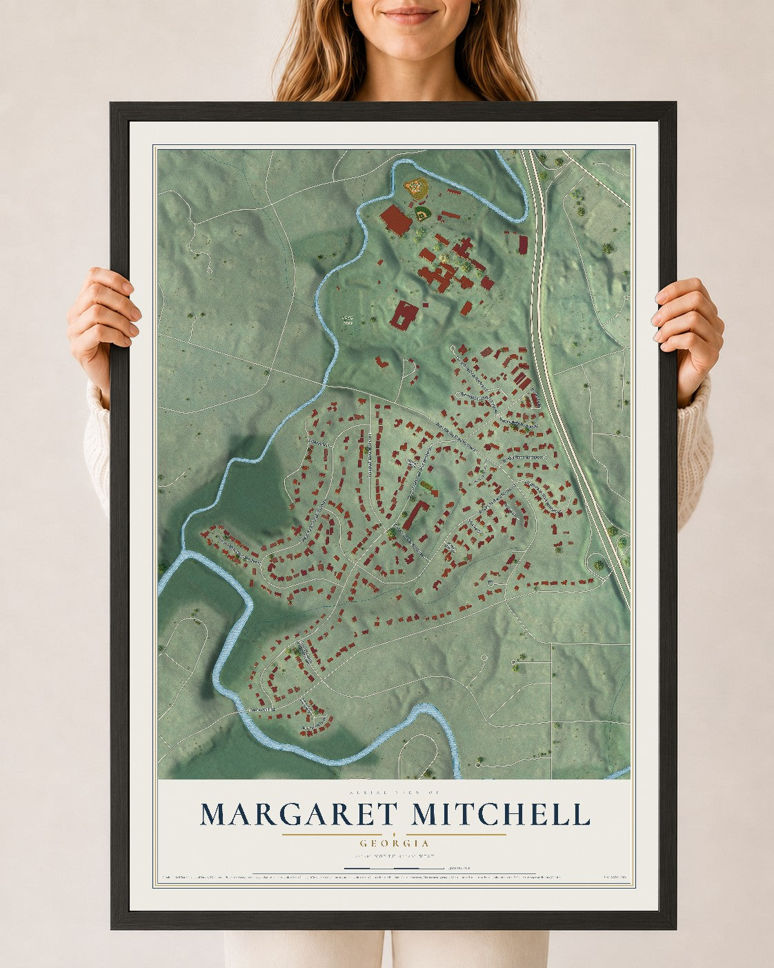 Margaret Mitchell, Georgia map print, 24" x 36" W/ Black Ayous Wood Frame mockup