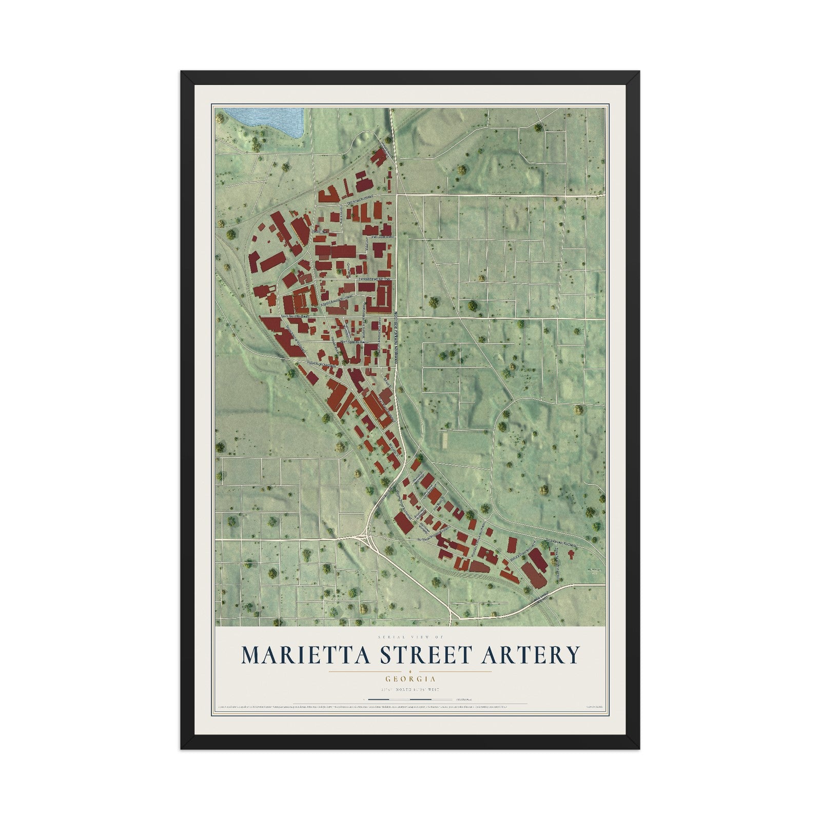 Marietta Street Artery, Georgia map print, 12" x 18" W/ Black Ayous Wood Frame mockup