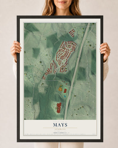 Mays, Georgia map print, 24" x 36" W/ Black Ayous Wood Frame mockup