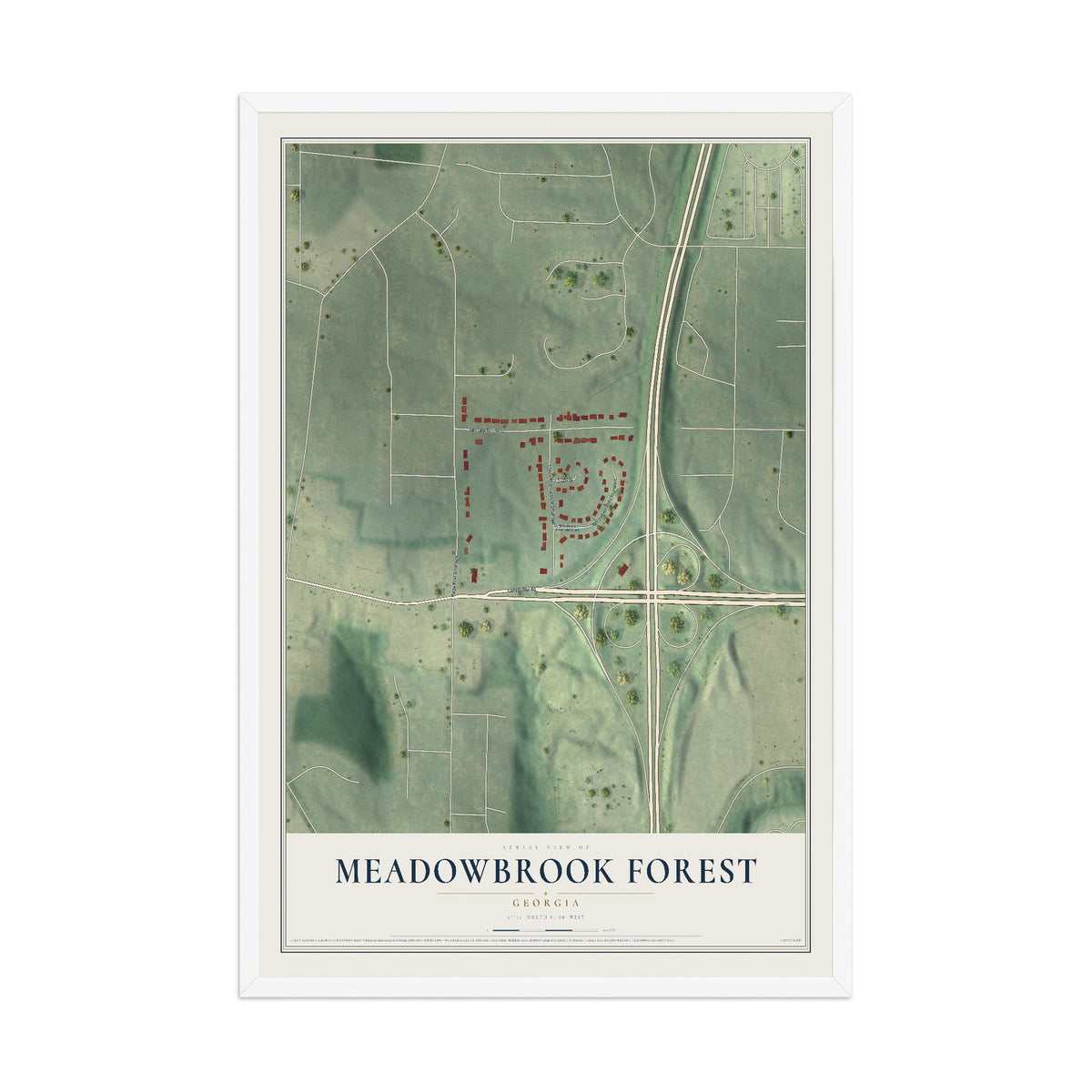 Meadowbrook Forest, Georgia map print, 12" x 18" W/ White Ayous Wood Frame mockup