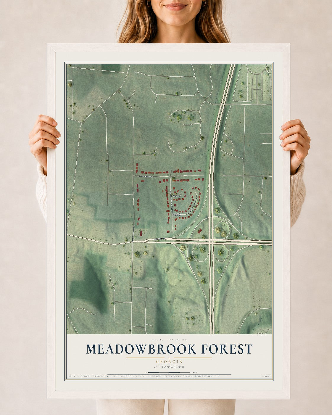 Meadowbrook Forest, Georgia map print, 24" x 36" W/ White Ayous Wood Frame mockup