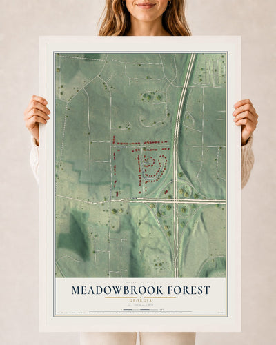 Meadowbrook Forest, Georgia map print, 24" x 36" W/ White Ayous Wood Frame mockup
