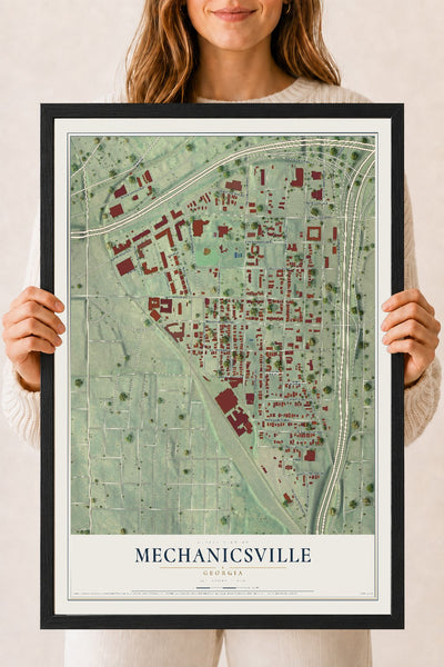 Mechanicsville, Georgia map print, 18" x 24" W/ Black Ayous Wood Frame mockup
