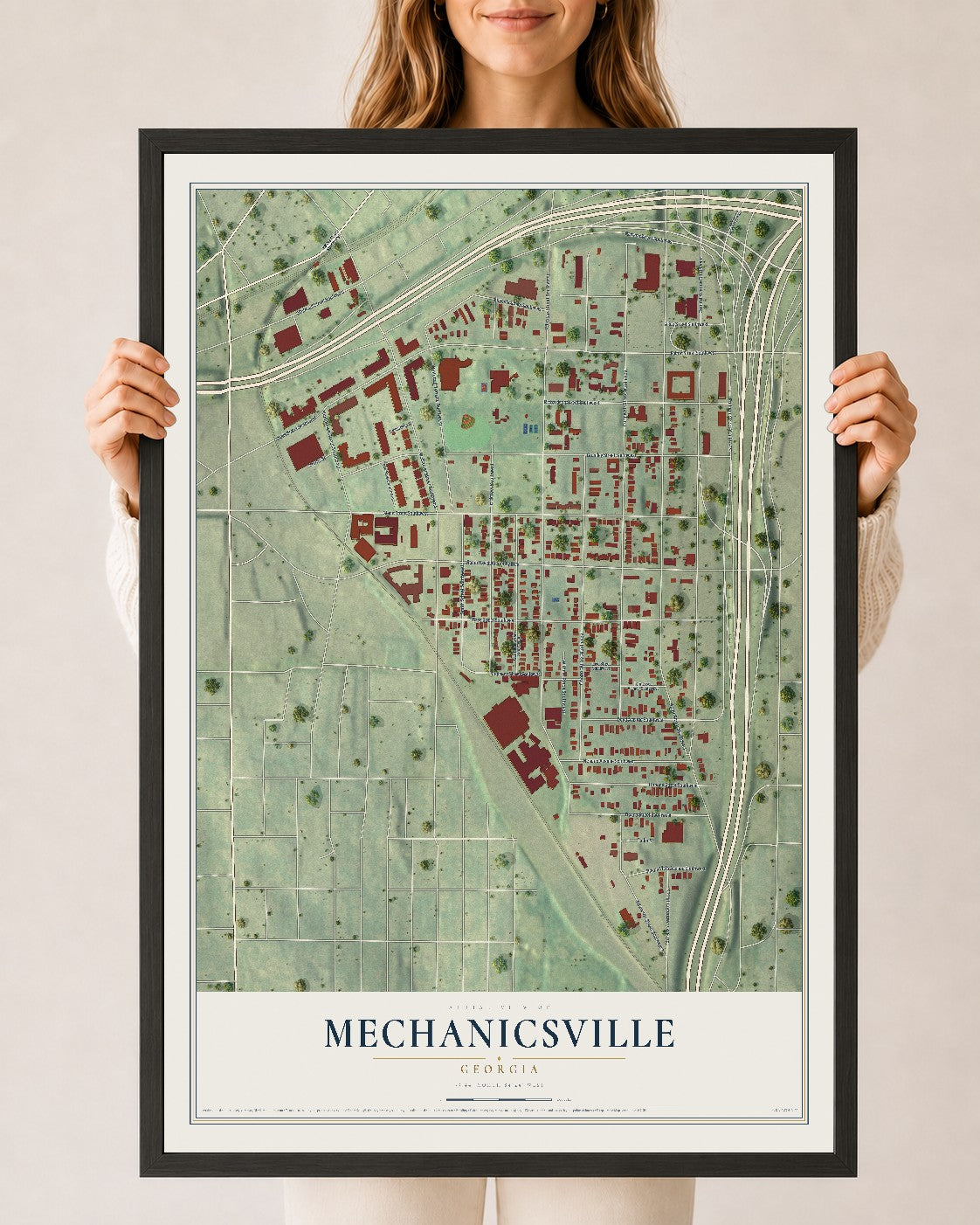 Mechanicsville, Georgia map print, 24" x 36" W/ Black Ayous Wood Frame mockup