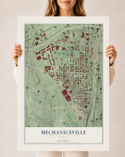 Mechanicsville, Georgia map print, 24" x 36" W/ White Ayous Wood Frame mockup