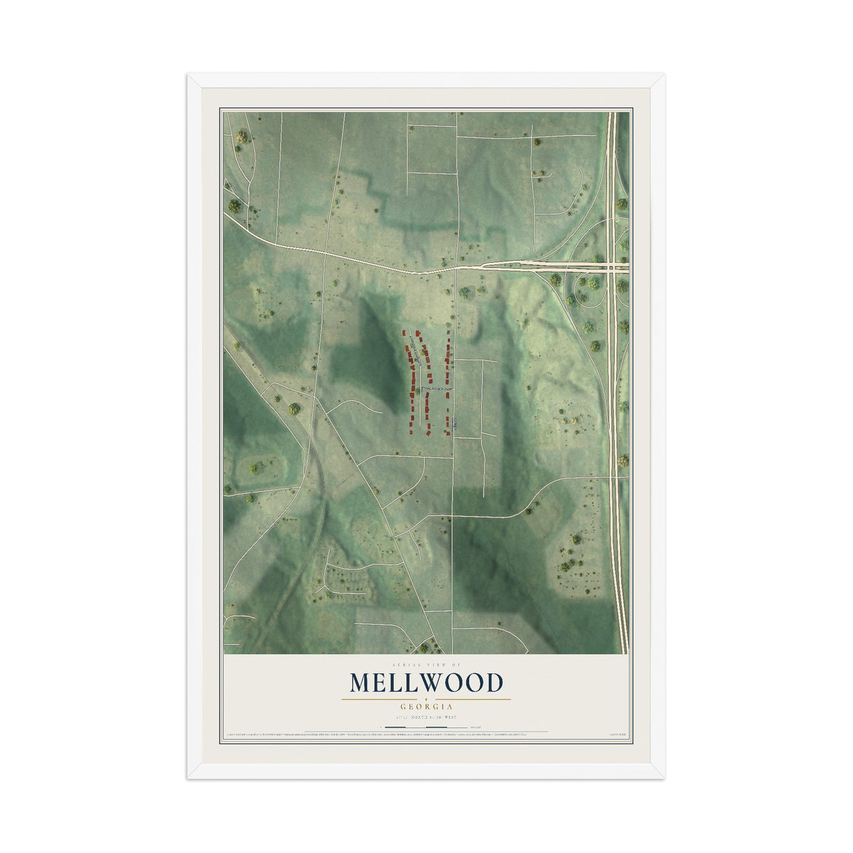 Mellwood, Georgia map print, 12" x 18" W/ White Ayous Wood Frame mockup