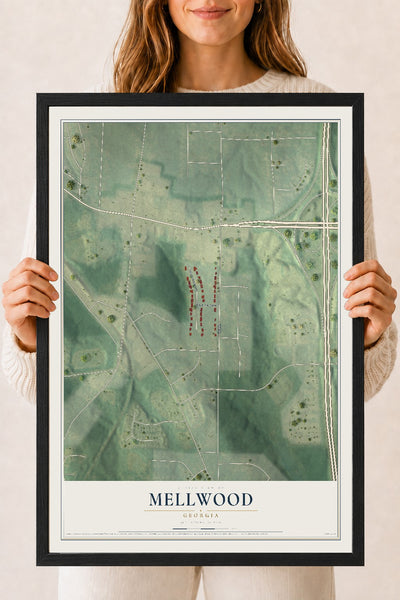 Mellwood, Georgia map print, 18" x 24" W/ Black Ayous Wood Frame mockup