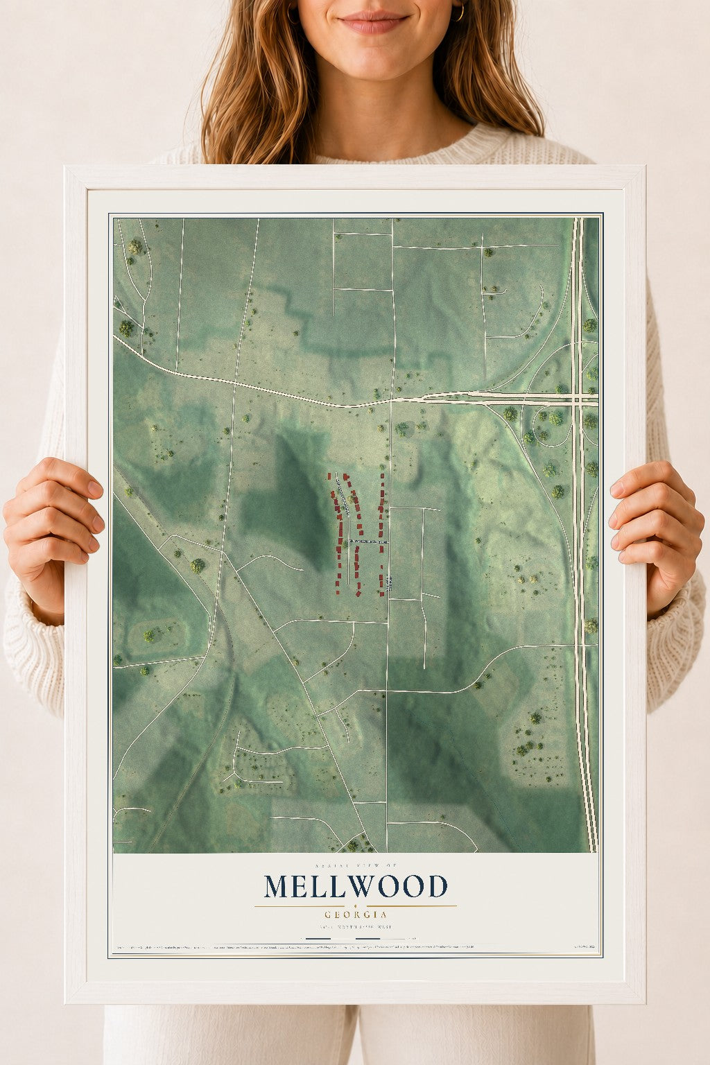 Mellwood, Georgia map print, 18" x 24" W/ White Ayous Wood Frame mockup