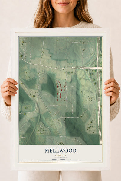 Mellwood, Georgia map print, 18" x 24" W/ White Ayous Wood Frame mockup
