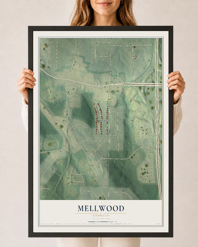 Mellwood, Georgia map print, 24" x 36" W/ Black Ayous Wood Frame mockup