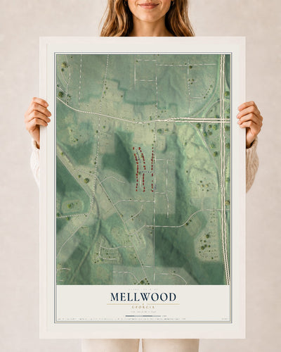 Mellwood, Georgia map print, 24" x 36" W/ White Ayous Wood Frame mockup