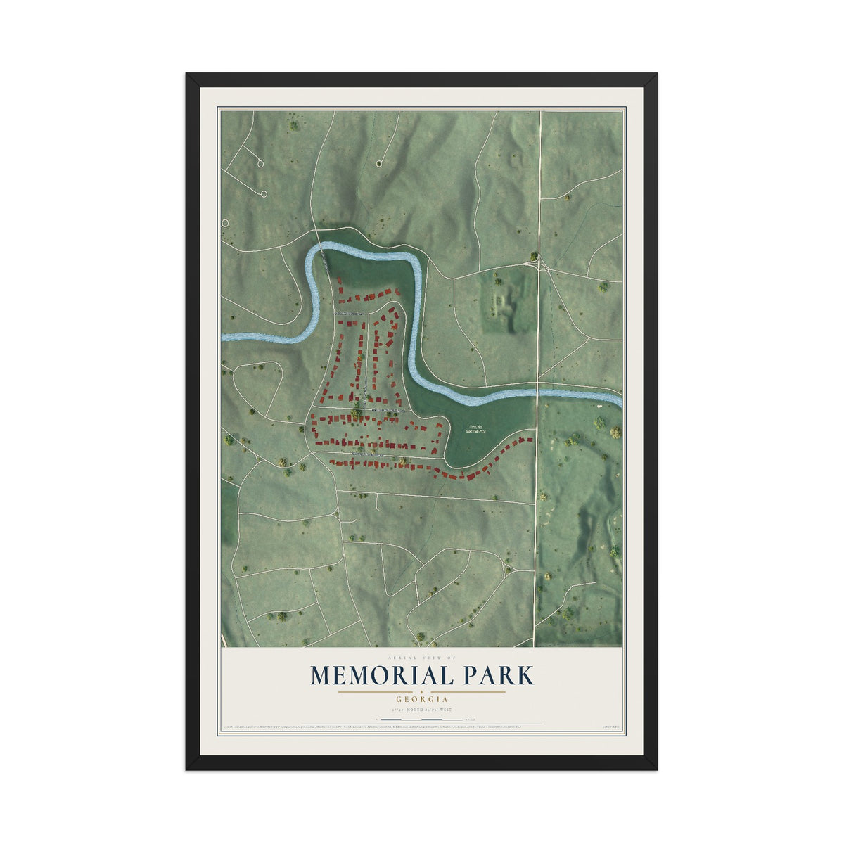 Memorial Park, Georgia map print, 12" x 18" W/ Black Ayous Wood Frame mockup