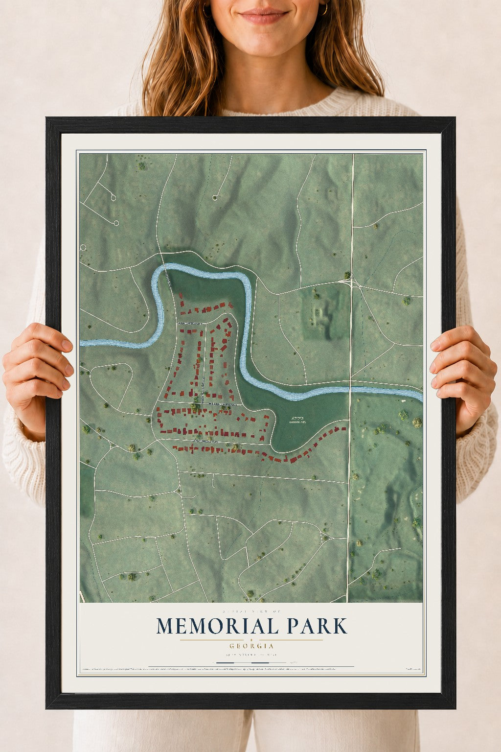 Memorial Park, Georgia map print, 18" x 24" W/ Black Ayous Wood Frame mockup
