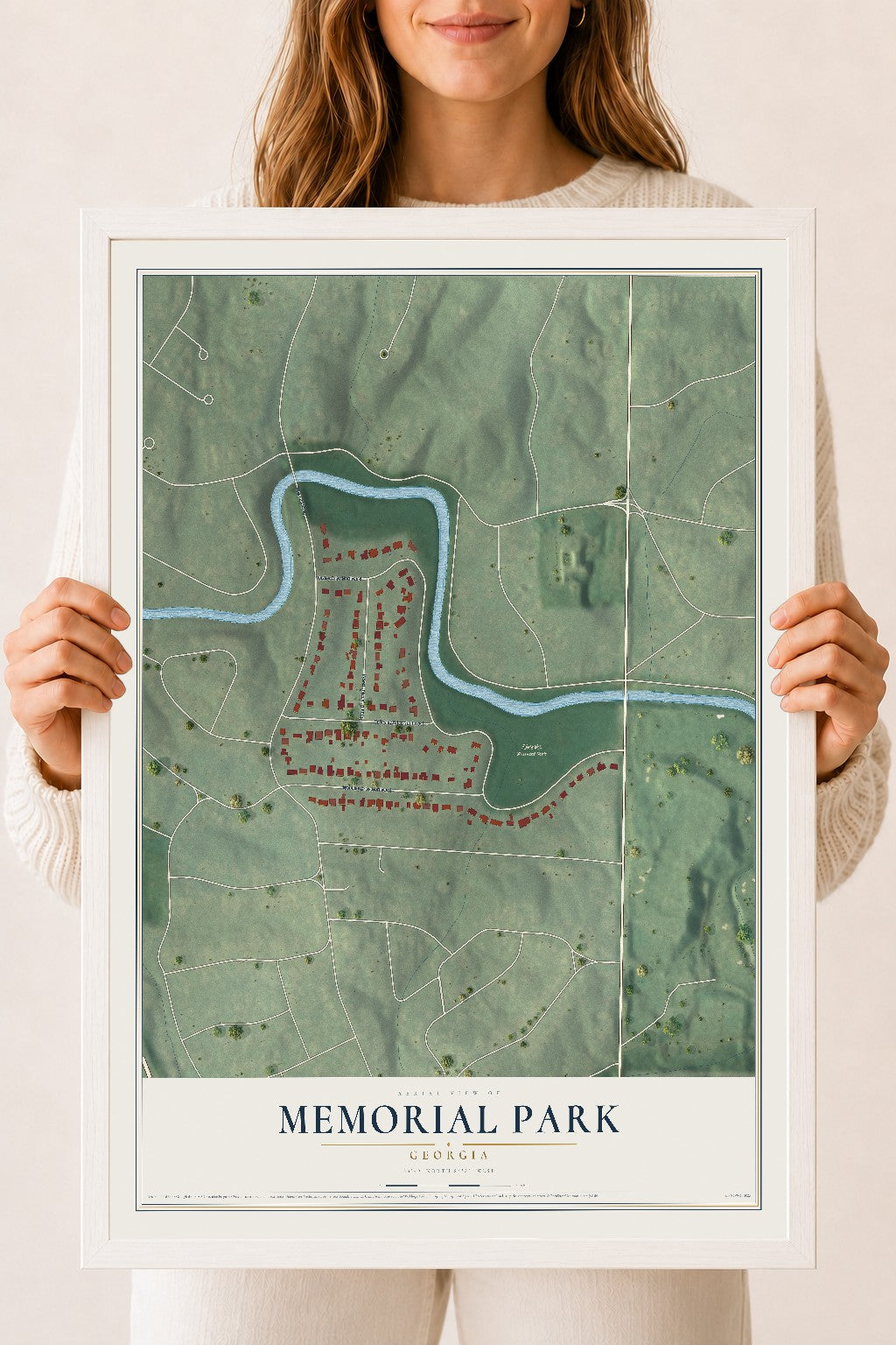 Memorial Park, Georgia map print, 18" x 24" W/ White Ayous Wood Frame mockup