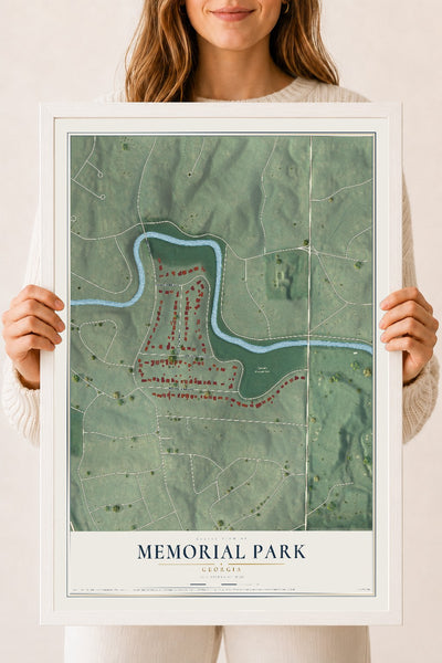 Memorial Park, Georgia map print, 18" x 24" W/ White Ayous Wood Frame mockup