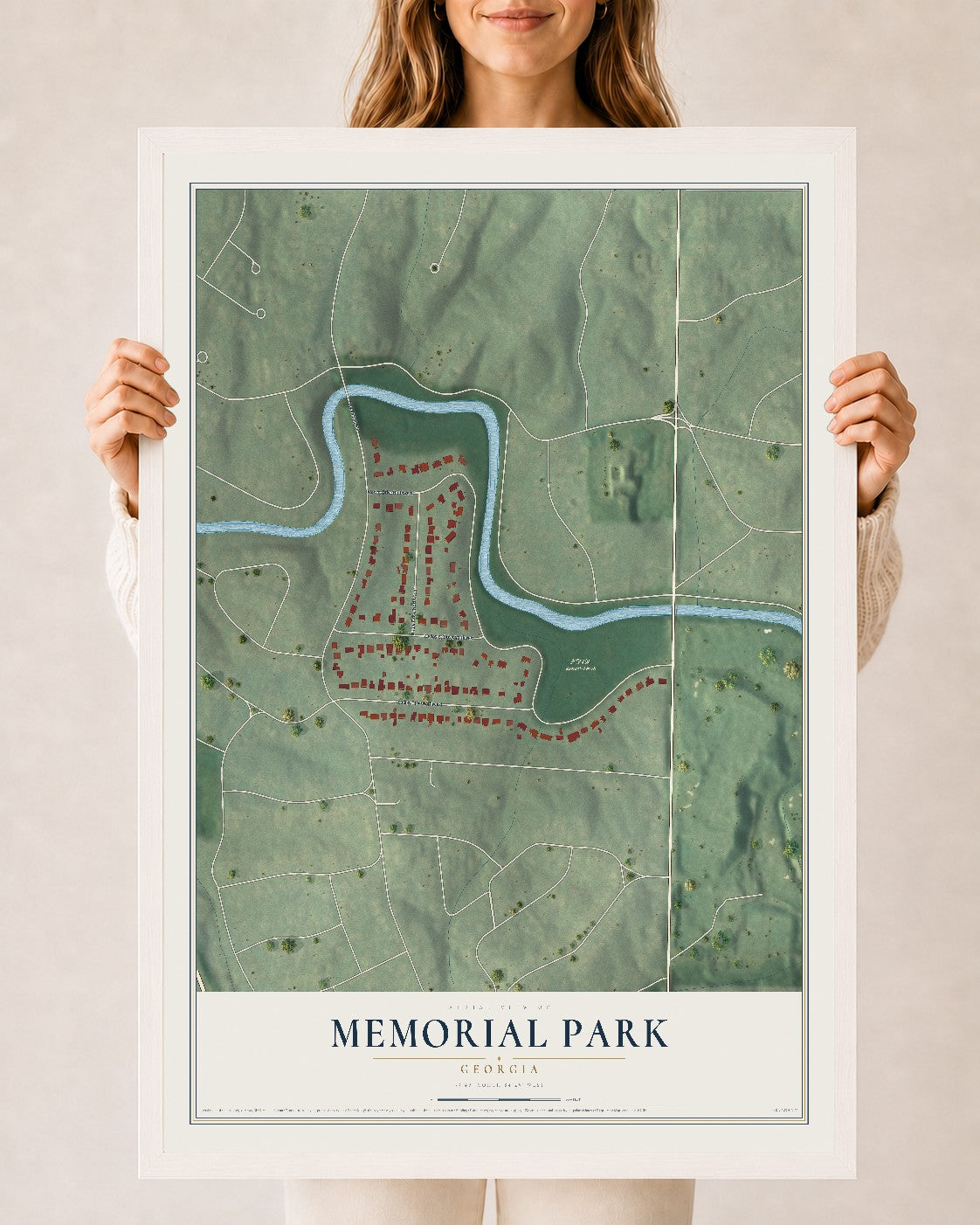 Memorial Park, Georgia map print, 24" x 36" W/ White Ayous Wood Frame mockup