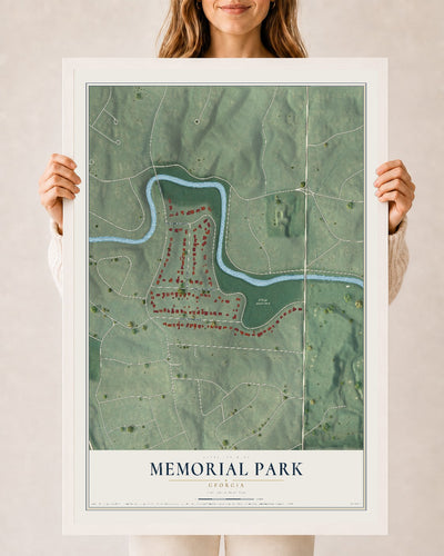 Memorial Park, Georgia map print, 24" x 36" W/ White Ayous Wood Frame mockup