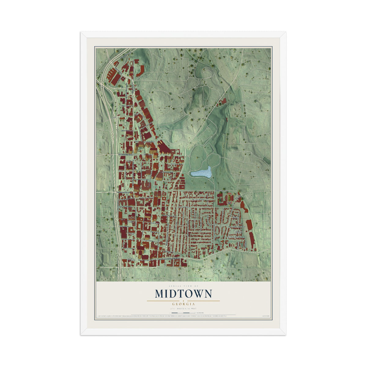 Midtown, Georgia map print, 12" x 18" W/ White Ayous Wood Frame mockup