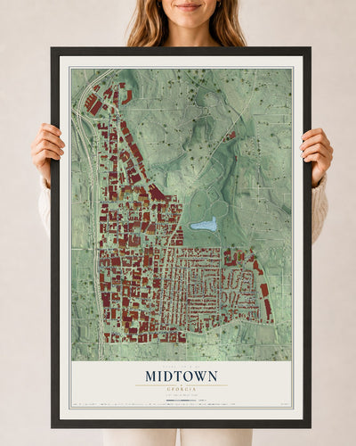 Midtown, Georgia map print, 24" x 36" W/ Black Ayous Wood Frame mockup