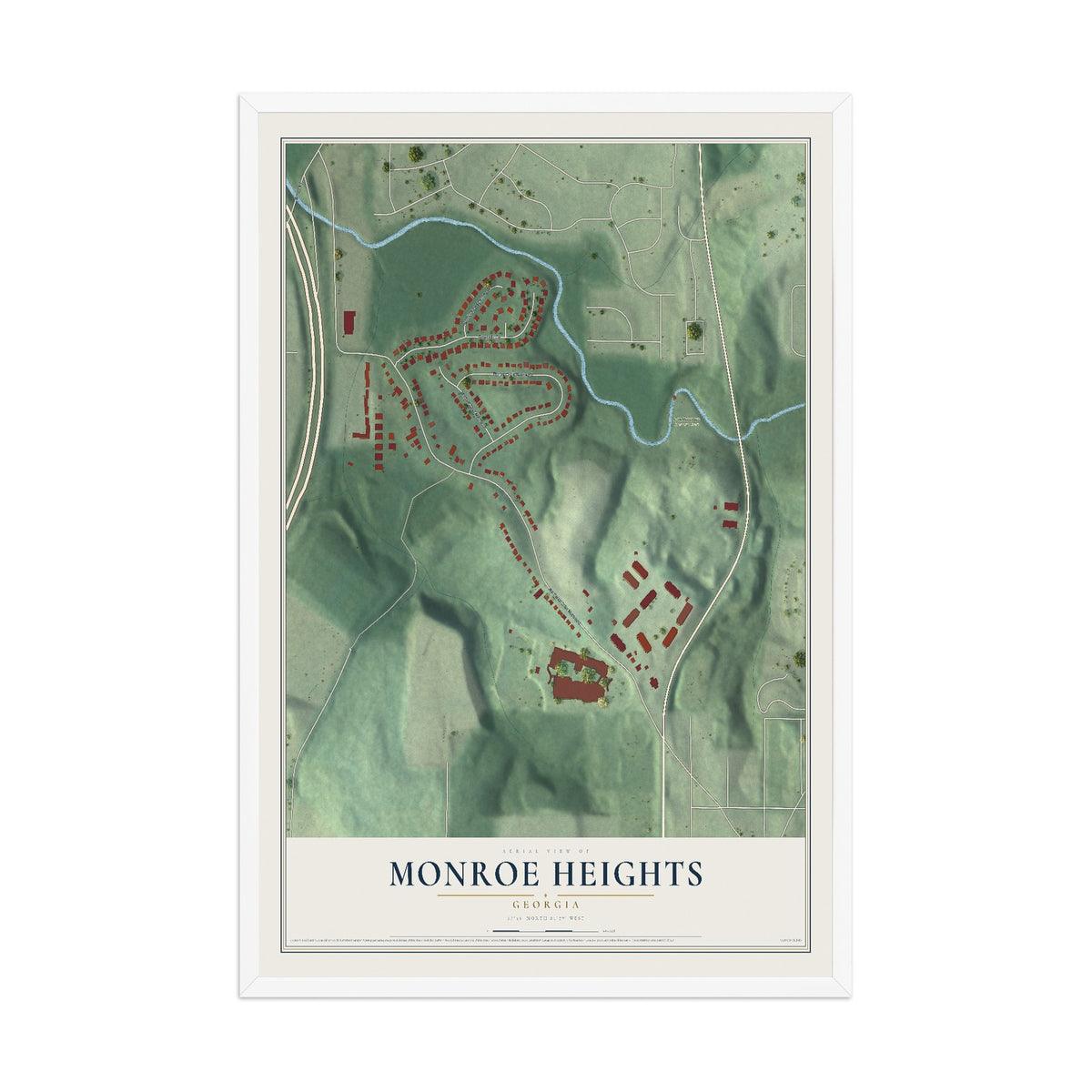 Monroe Heights, Georgia map print, 12" x 18" W/ White Ayous Wood Frame mockup