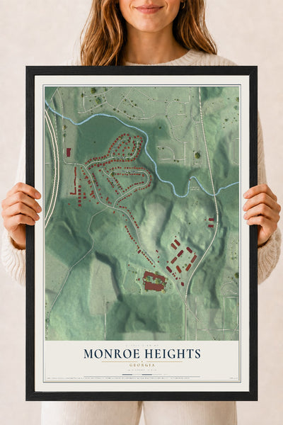 Monroe Heights, Georgia map print, 18" x 24" W/ Black Ayous Wood Frame mockup