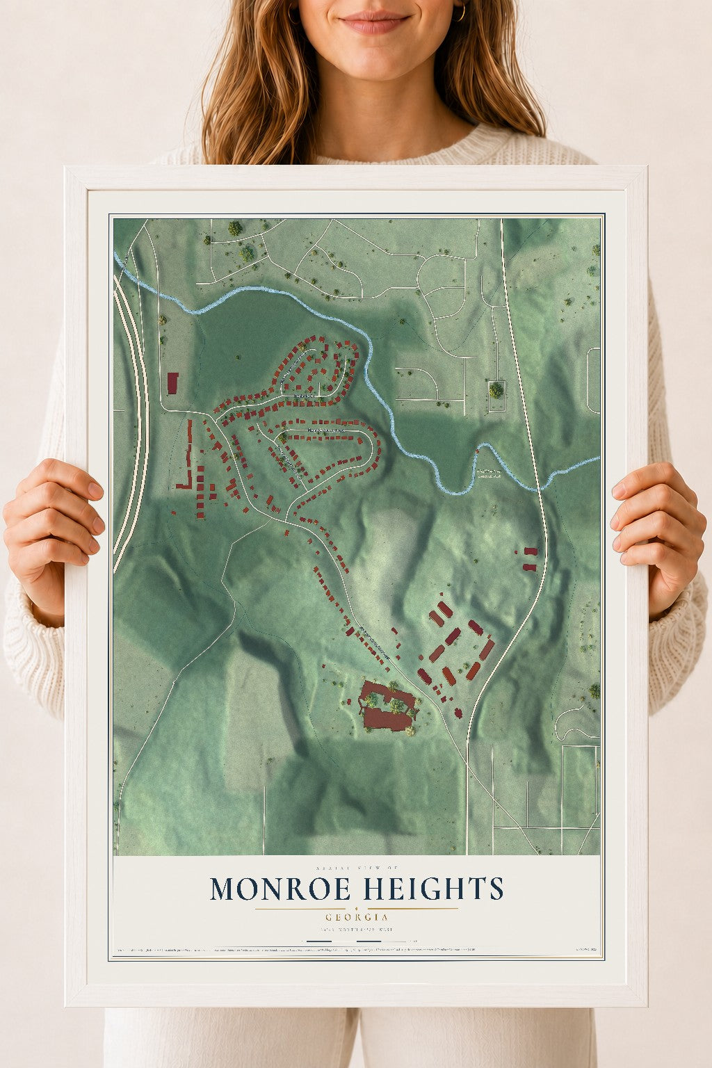 Monroe Heights, Georgia map print, 18" x 24" W/ White Ayous Wood Frame mockup