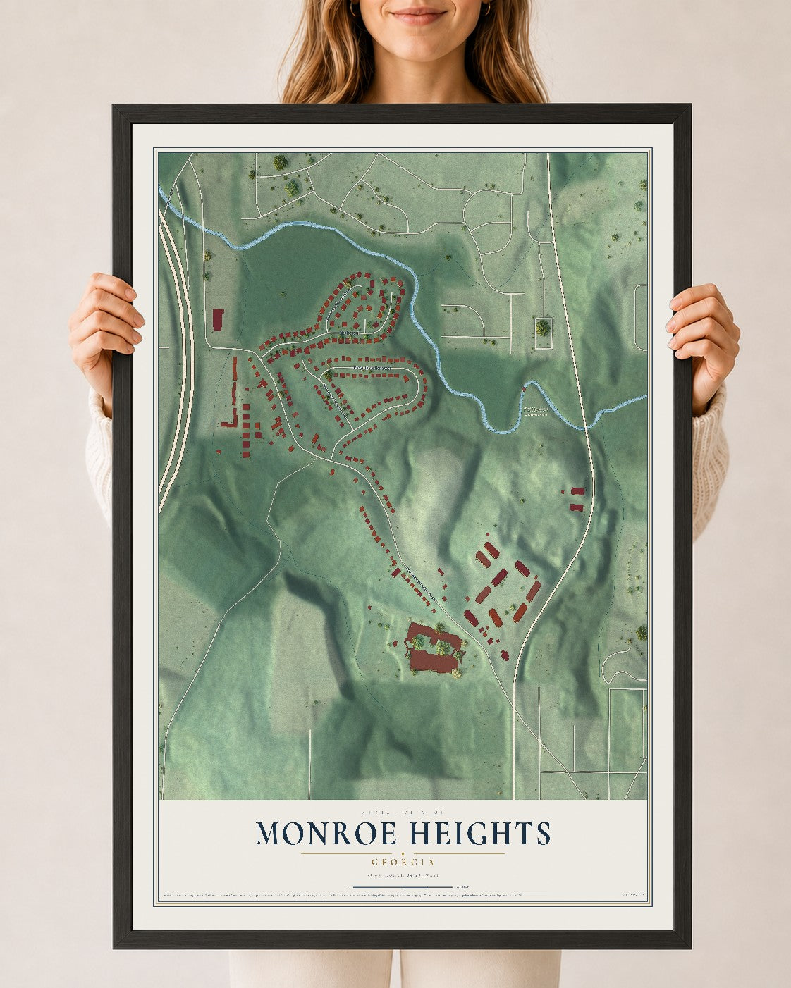 Monroe Heights, Georgia map print, 24" x 36" W/ Black Ayous Wood Frame mockup