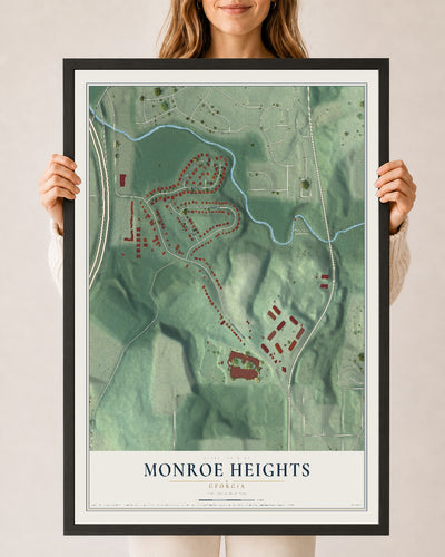 Monroe Heights, Georgia map print, 24" x 36" W/ Black Ayous Wood Frame mockup