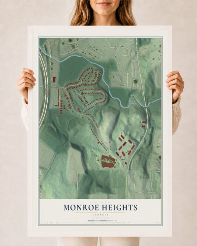 Monroe Heights, Georgia map print, 24" x 36" W/ White Ayous Wood Frame mockup