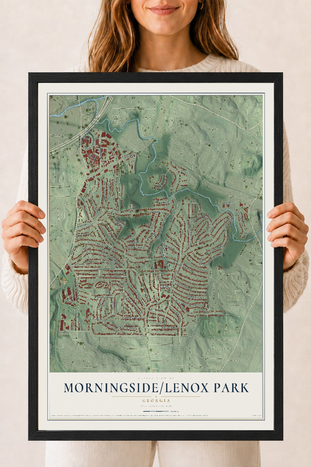 Morningside-Lenox Park, Georgia map print, 18" x 24" W/ Black Ayous Wood Frame mockup