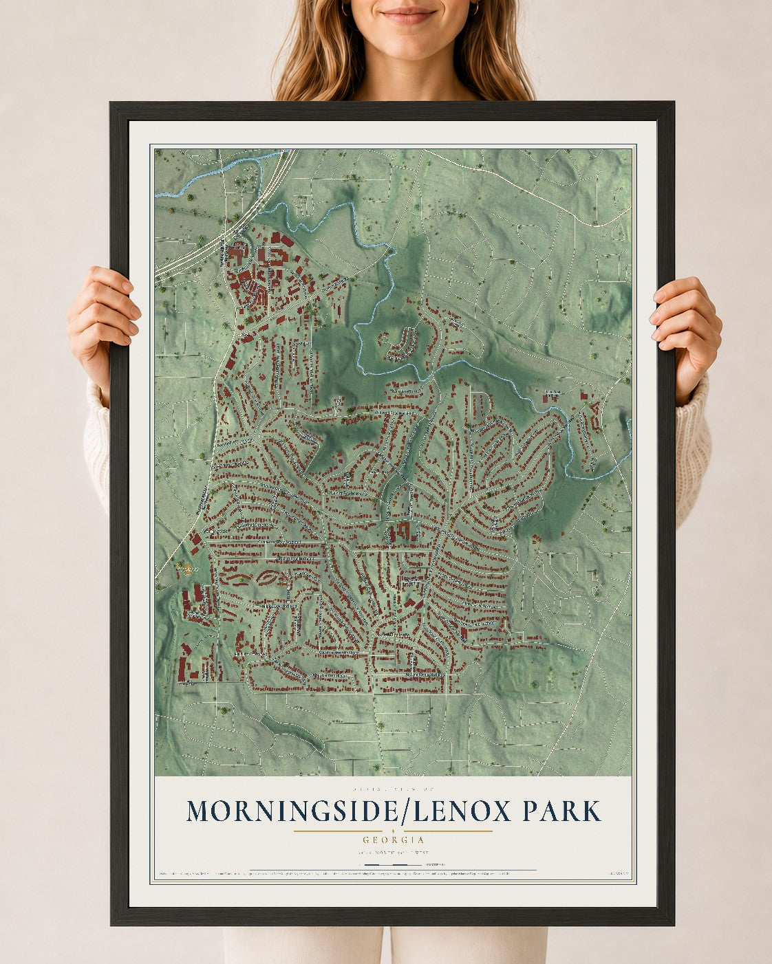 Morningside-Lenox Park, Georgia map print, 24" x 36" W/ Black Ayous Wood Frame mockup