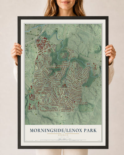 Morningside-Lenox Park, Georgia map print, 24" x 36" W/ Black Ayous Wood Frame mockup