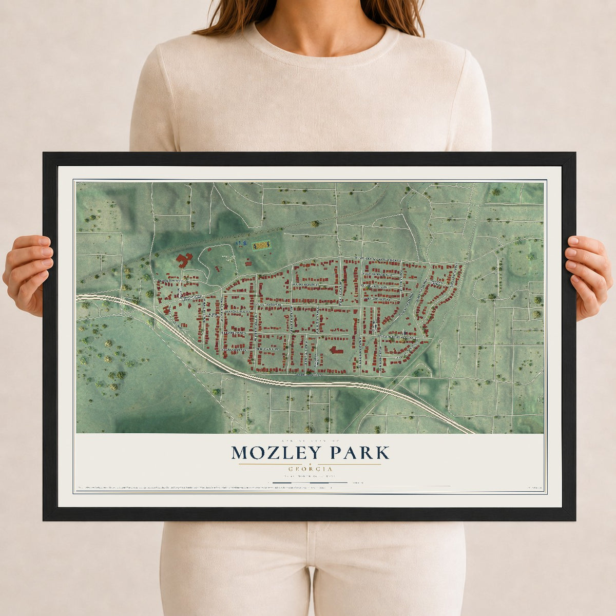 Mozley Park, Georgia map print, 12" x 18" W/ Black Ayous Wood Frame mockup