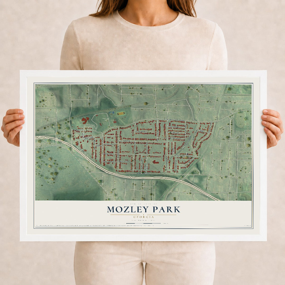 Mozley Park, Georgia map print, 12" x 18" W/ White Ayous Wood Frame mockup