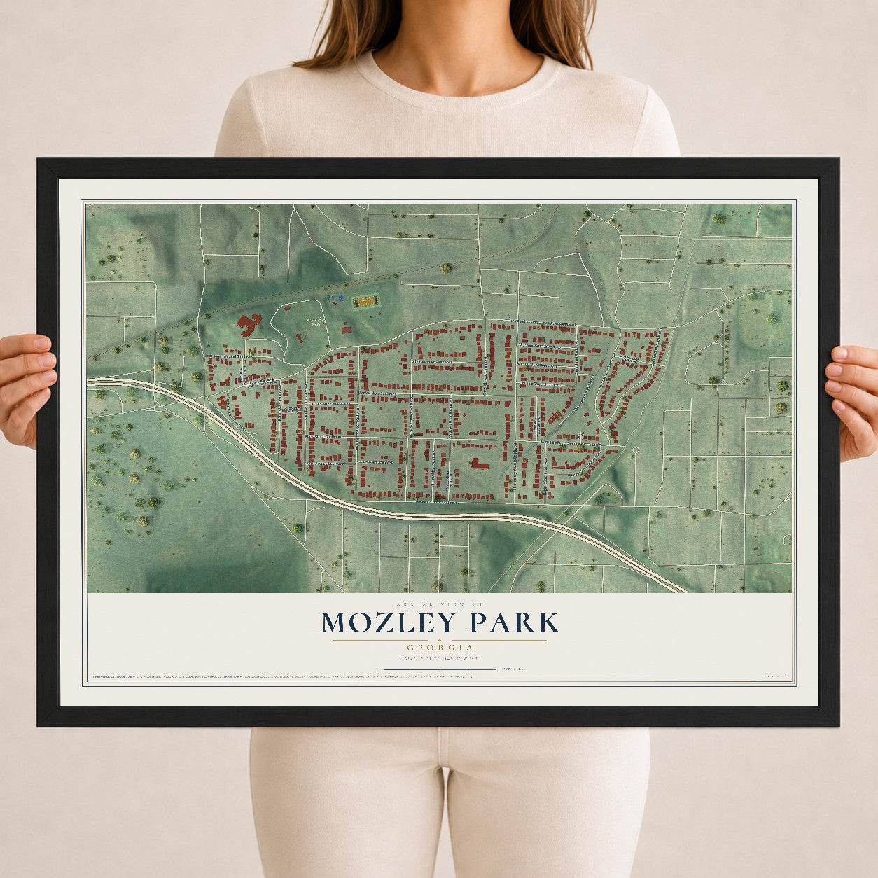 Mozley Park, Georgia map print, 18" x 24" W/ Black Ayous Wood Frame mockup