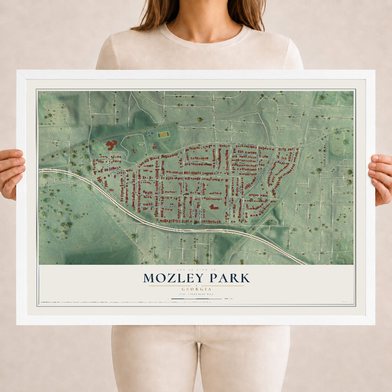 Mozley Park, Georgia map print, 18" x 24" W/ White Ayous Wood Frame mockup