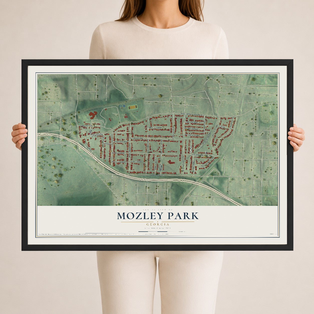Mozley Park, Georgia map print, 24" x 36" W/ Black Ayous Wood Frame mockup