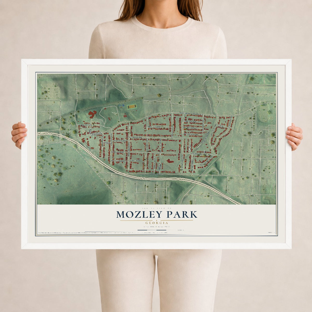 Mozley Park, Georgia map print, 24" x 36" W/ White Ayous Wood Frame mockup