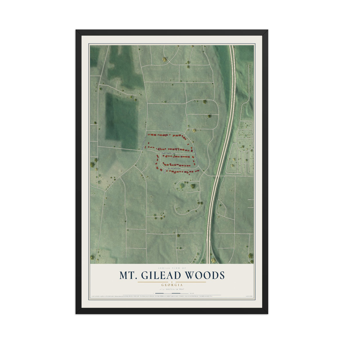 Mt. Gilead Woods, Georgia map print, 12" x 18" W/ Black Ayous Wood Frame mockup