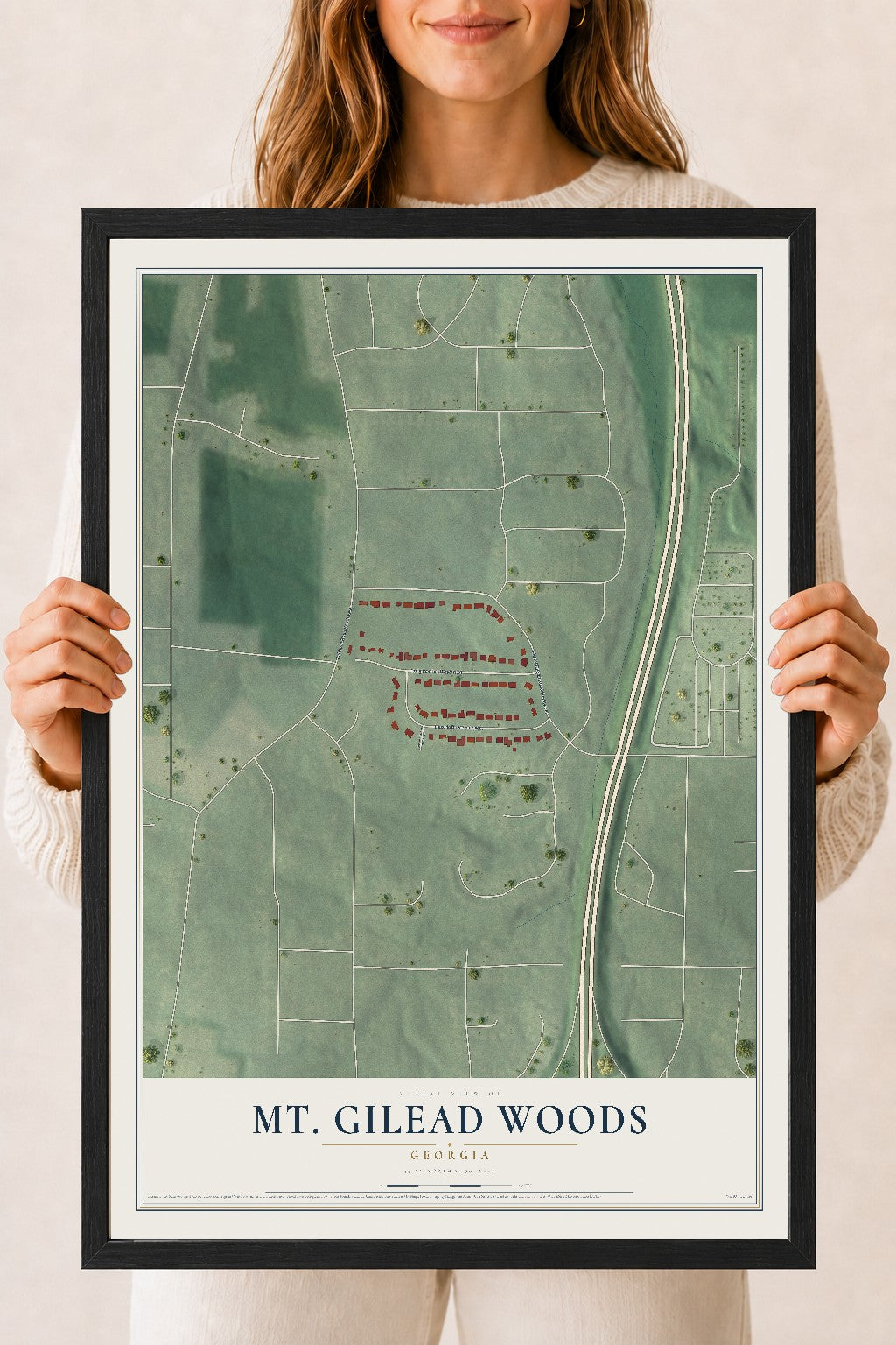 Mt. Gilead Woods, Georgia map print, 18" x 24" W/ Black Ayous Wood Frame mockup