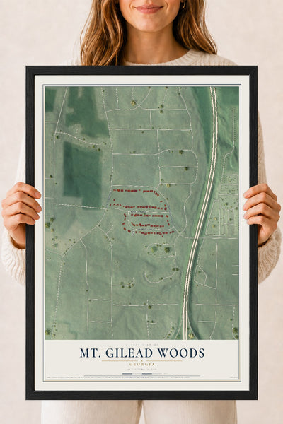Mt. Gilead Woods, Georgia map print, 18" x 24" W/ Black Ayous Wood Frame mockup
