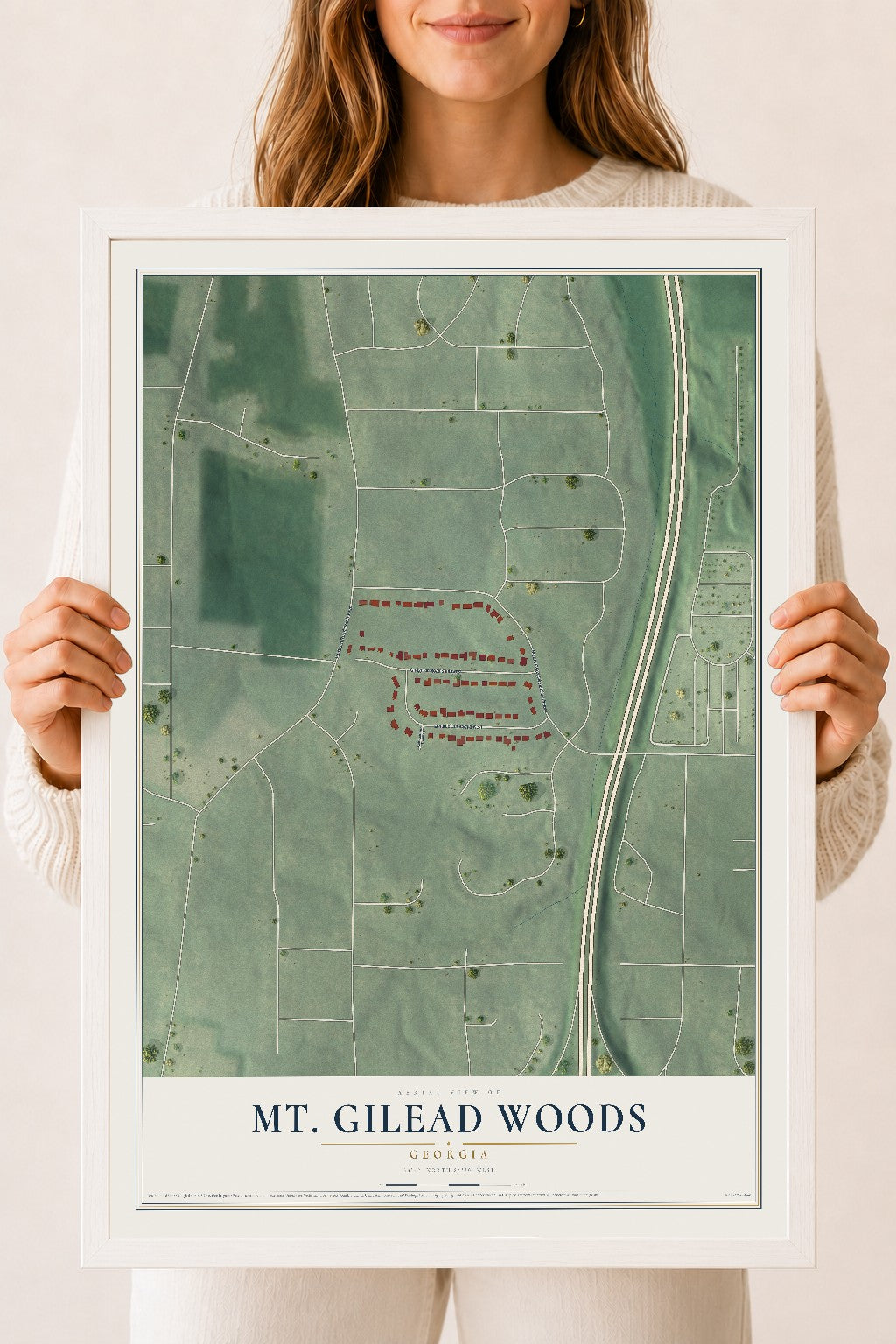 Mt. Gilead Woods, Georgia map print, 18" x 24" W/ White Ayous Wood Frame mockup