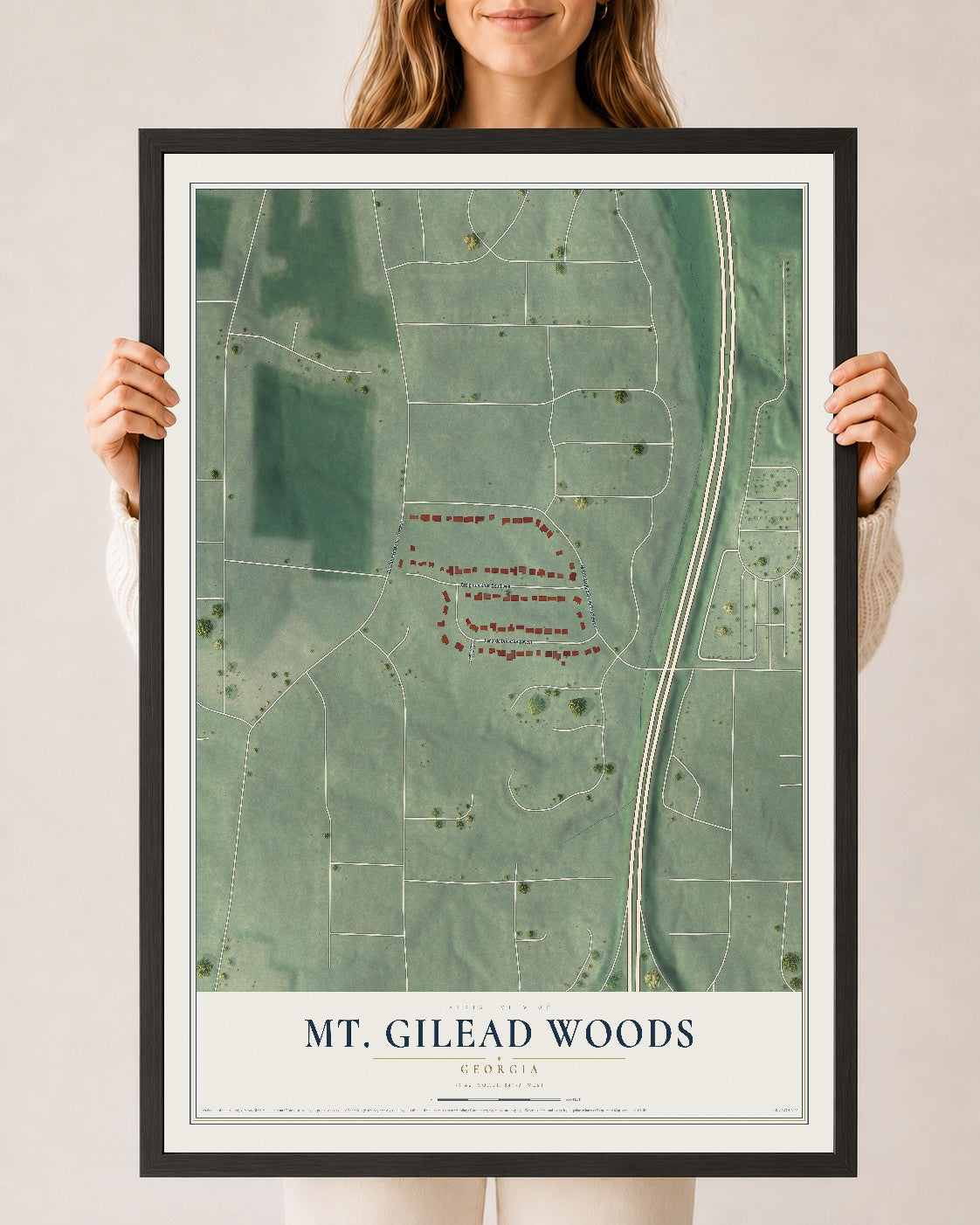 Mt. Gilead Woods, Georgia map print, 24" x 36" W/ Black Ayous Wood Frame mockup