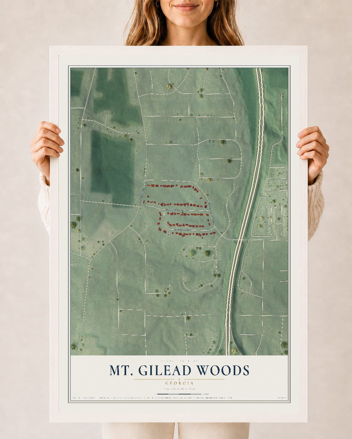 Mt. Gilead Woods, Georgia map print, 24" x 36" W/ White Ayous Wood Frame mockup